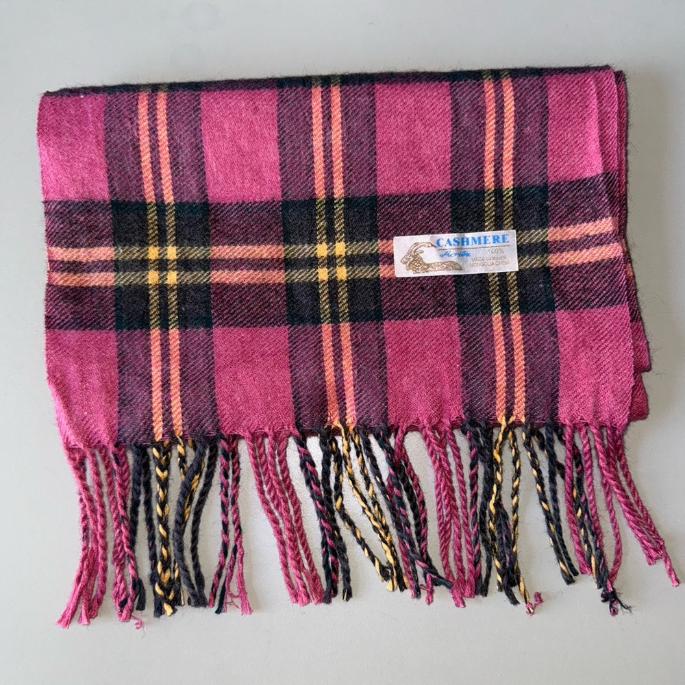 100% Cashmere Plaid Scarf, Made in Inner Mongolia China  Pink & Black Fringe